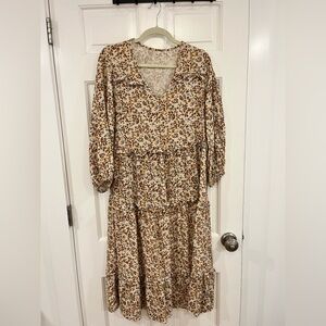 Rylee & Cru floral  Tiered V-Neck Midi Dress in Cream and Brown